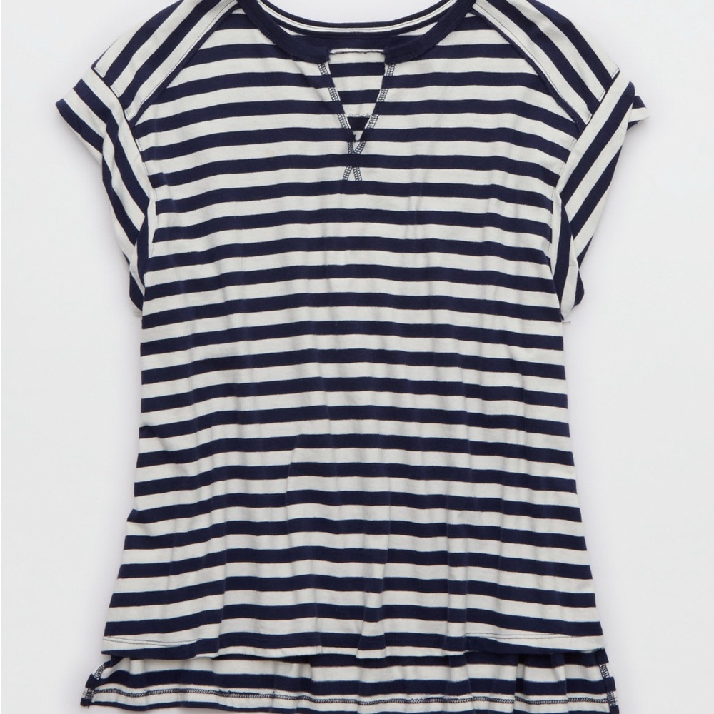 Aerie Notch Necked Oversized Navy and White Striped Short Sleeve Tee